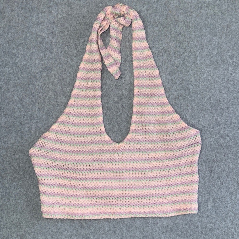 Double Zero Pastel Striped Knit Halter Crop Top Pink Purple Medium DZ22E367